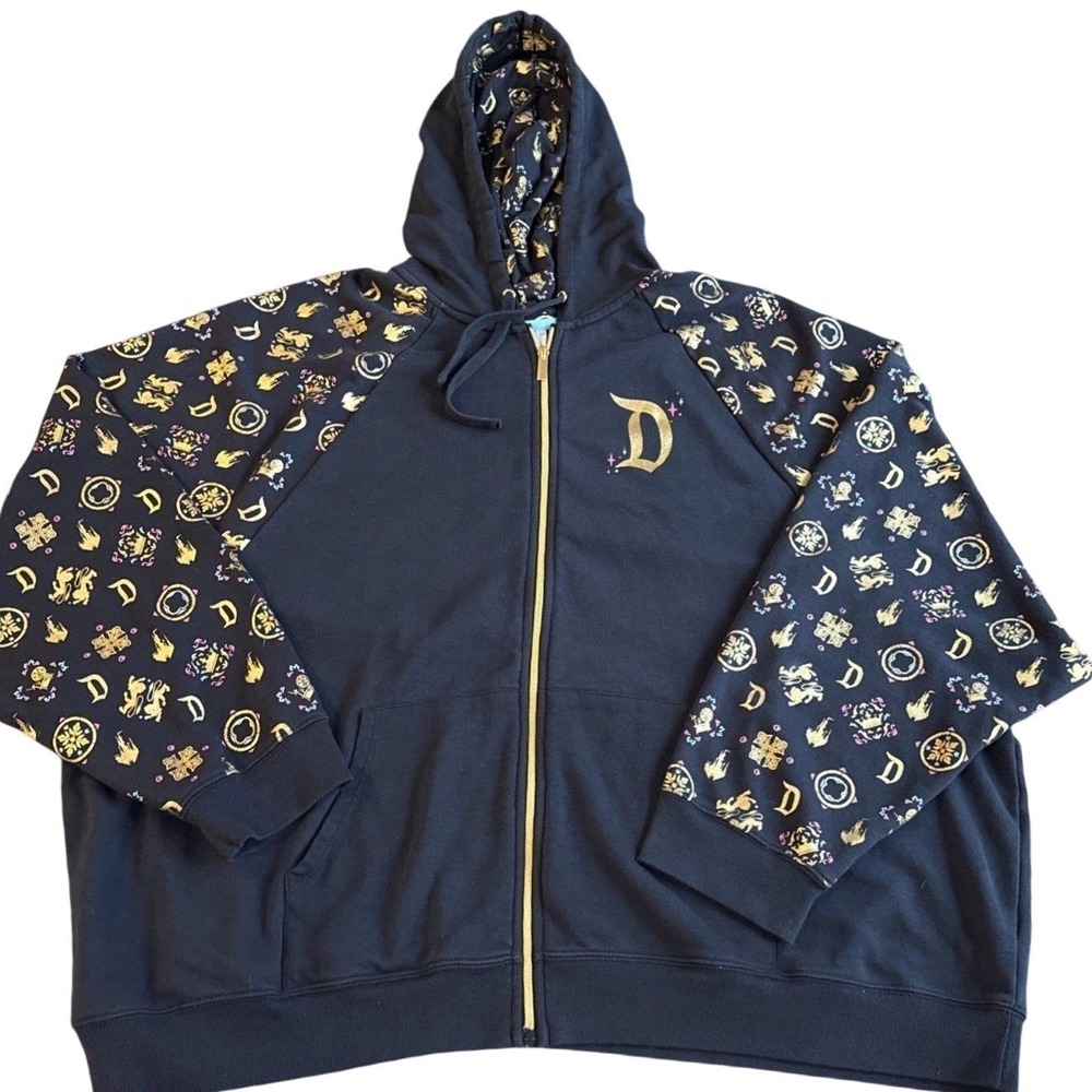 Disney Parks Disneyland Zip Hoodie 2XL Black Gold Foil Castle Vacation Cozy - Picture 2 of 16